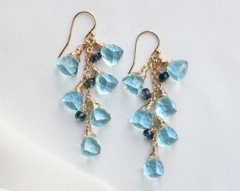 Blue Earrings with Sky blue quartz and Kyanite in 14K Gold Filled, Cluster Earrings, Crystal Gemstone Earrings, Unique Gift for Her