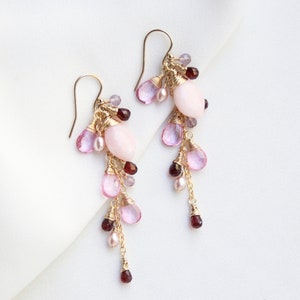 Pink Opal with Multi Gemstone Cluster Drop Earrings, 14K Gold Filled, Gemstone Earrings, Gift for Her
