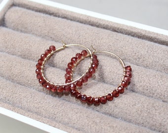 Garnet Hoop Earrings, 14K Gold filled, Wire Wrapped, January Birthstone, Natural Gemstone Hoop Earrings, Gift for Her