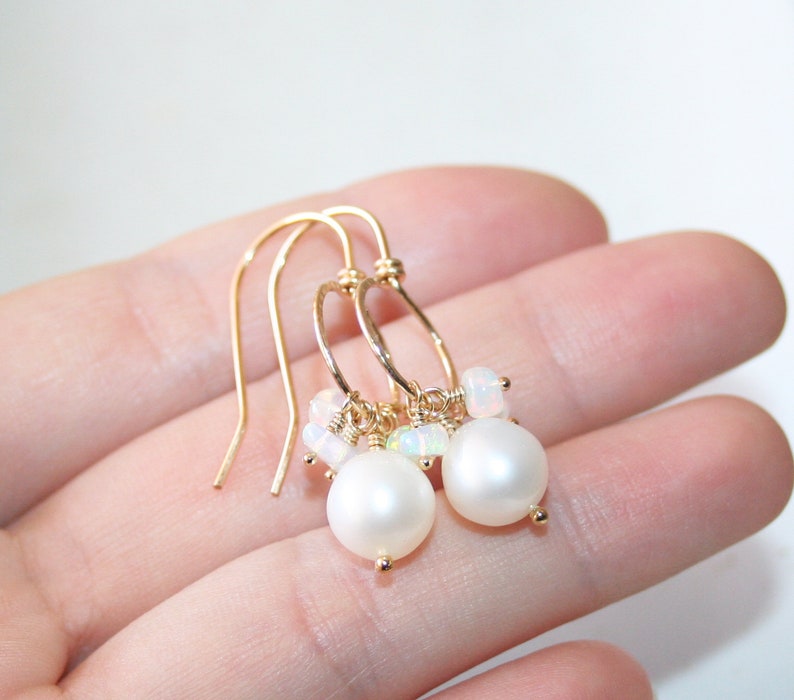 June Birthstone Real Gemstone 14k Gold Filled Gift For Her Ethiopian Opal and White Pearl Dangle Earrings Hammered Circle