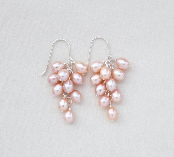 Pink Pearl Cluster Earrings: June Birthstone, Sterling Silver / 14K Gold Filled, Genuine Freshwater Pearl
