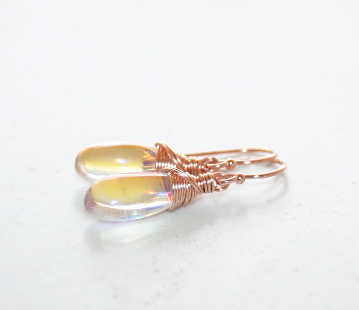 Sterling Silver or Gold Filled • Wire Wrapped • Smooth Pear Shape • Dainty Mystic Coated Rainbow Quartz Dangle Earrings • Rose Gold Filled