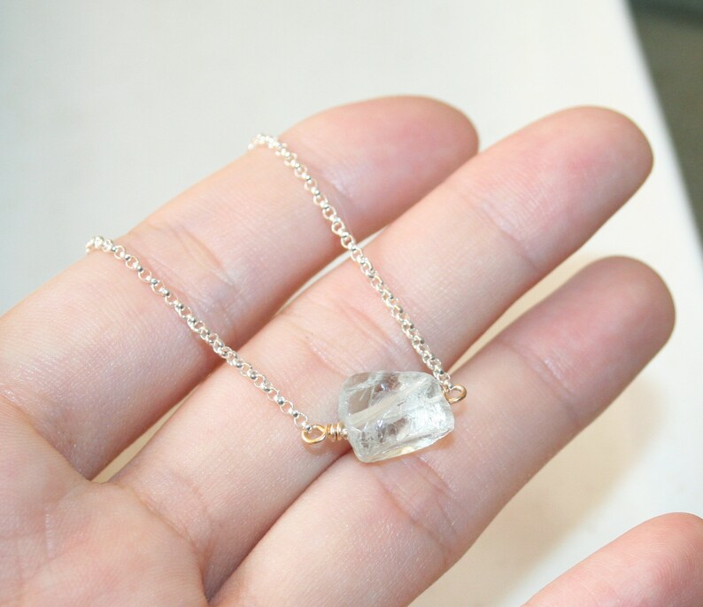 Stone Bracelet Light Aqua Blue Natural Rough Gemstone Sterling Silver Rolo Chain Single Raw Aquamarine Two Tone Bracelet Gift for Her