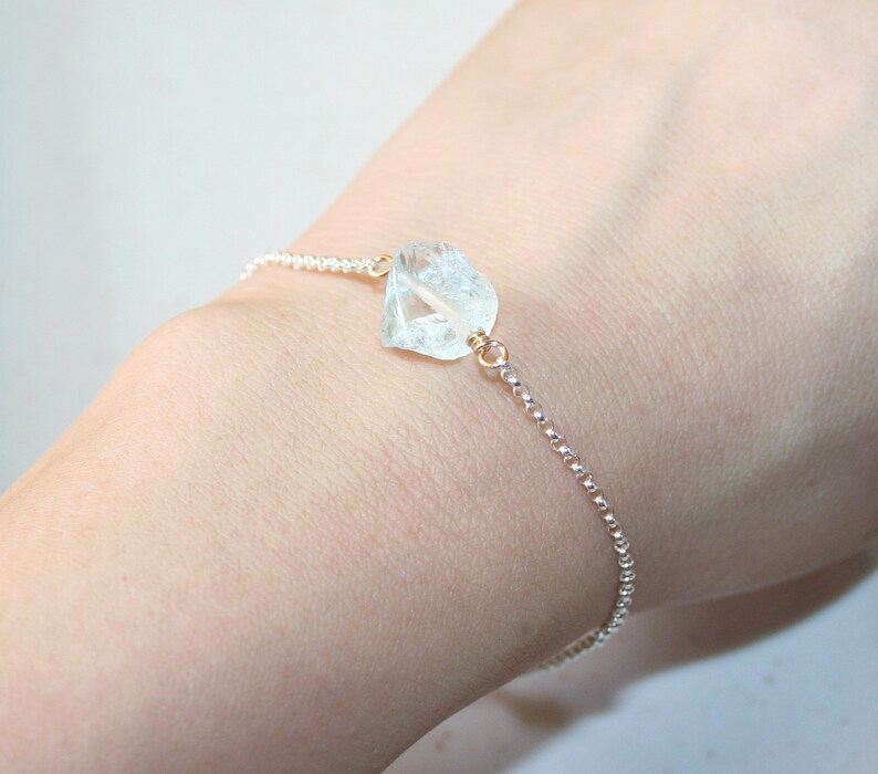 Stone Bracelet Light Aqua Blue Natural Rough Gemstone Sterling Silver Rolo Chain Single Raw Aquamarine Two Tone Bracelet Gift for Her