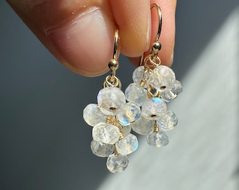 Natural Moonstone Earrings in Gold Filled or Sterling Silver, White Gemstone Cluster Earrings, June Birthstone, Delicate Gift for Her