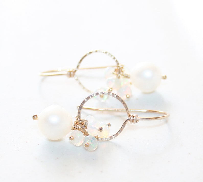 June Birthstone Real Gemstone 14k Gold Filled Gift For Her Ethiopian Opal and White Pearl Dangle Earrings Hammered Circle