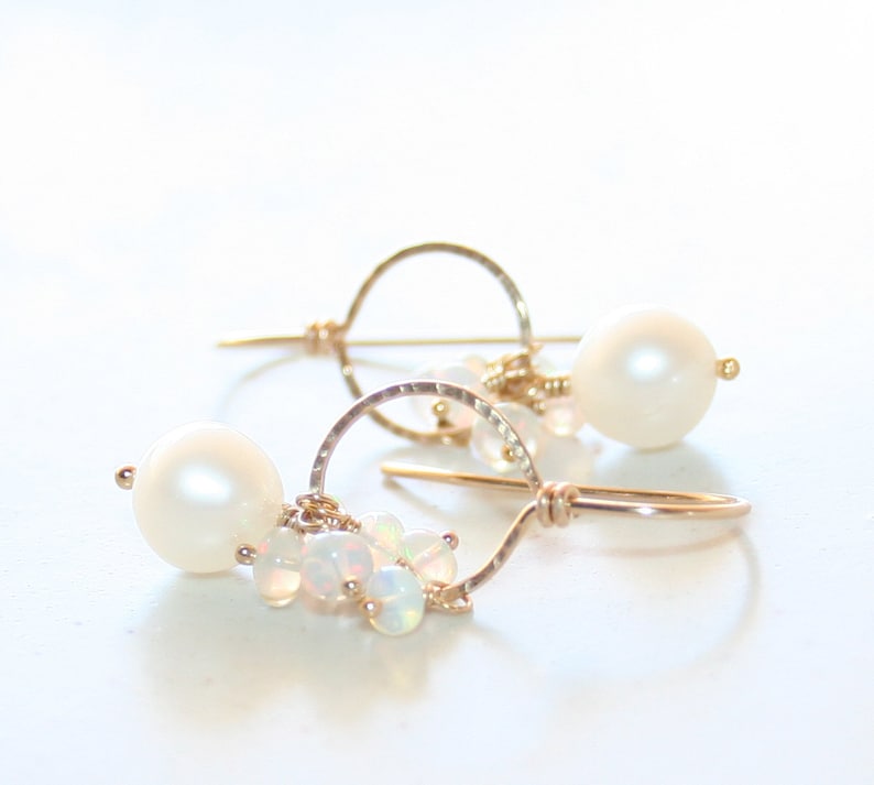 June Birthstone Real Gemstone 14k Gold Filled Gift For Her Ethiopian Opal and White Pearl Dangle Earrings Hammered Circle