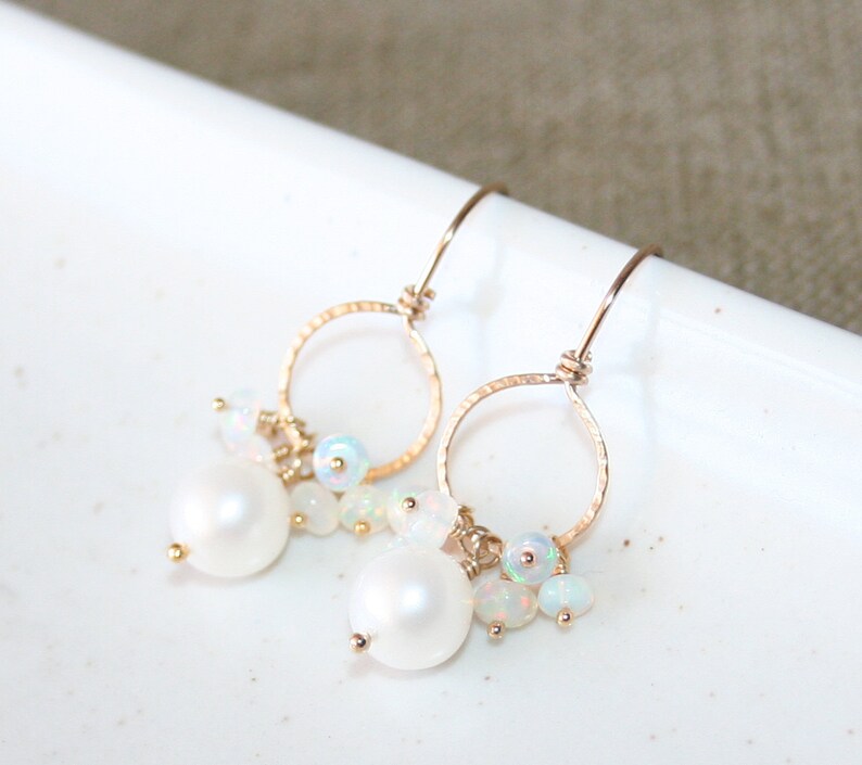 June Birthstone Real Gemstone 14k Gold Filled Gift For Her Ethiopian Opal and White Pearl Dangle Earrings Hammered Circle