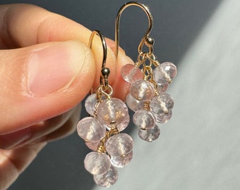 Rose Quartz Earrings, 14K Gold Filled or Sterling Silver, Elegant Light Pink Quartz Cluster Earrings, Dainty Jewellery Gift for Her