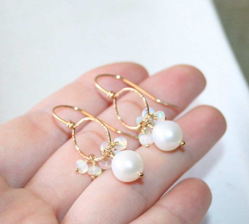 June Birthstone Real Gemstone 14k Gold Filled Gift For Her Ethiopian Opal and White Pearl Dangle Earrings Hammered Circle