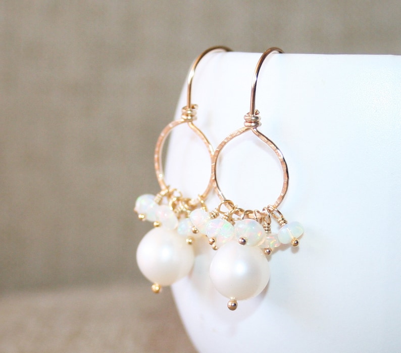 June Birthstone Real Gemstone 14k Gold Filled Gift For Her Ethiopian Opal and White Pearl Dangle Earrings Hammered Circle