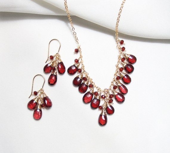 Red Garnet Necklace and Earrings Set: 14K Gold Filled, Natural Gemstone, January Birthstone