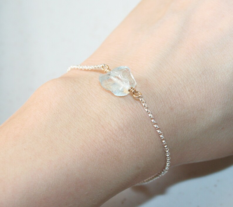 Stone Bracelet Light Aqua Blue Natural Rough Gemstone Sterling Silver Rolo Chain Single Raw Aquamarine Two Tone Bracelet Gift for Her