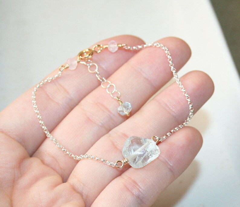 Stone Bracelet Light Aqua Blue Natural Rough Gemstone Sterling Silver Rolo Chain Single Raw Aquamarine Two Tone Bracelet Gift for Her