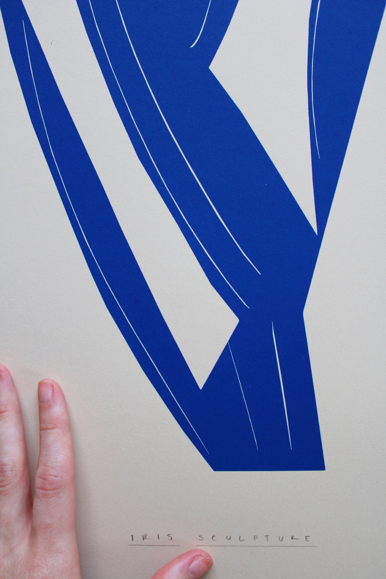 Pode incluir: Uma impress&atilde;o abstrata azul e branca com o texto "IRIS SCULPTURE" na parte inferior.