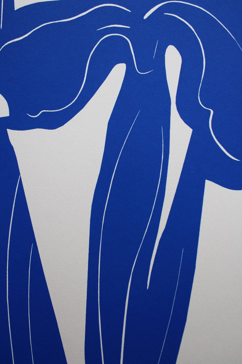 Pode incluir: Impress&atilde;o de arte abstrata com um design azul e branco. A impress&atilde;o representa uma flor estilizada com linhas curvas e um fundo branco.