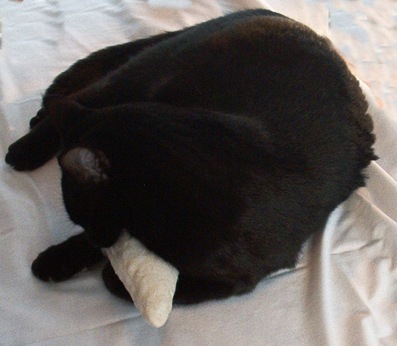 Image shows black cat holding a white catnip mouse in its front paws and chewing on it. Background is white. Organic Catnip Cat Toys by Purrfectplay.  Natural plastic free cat toys.  Hand crafted in the USA.