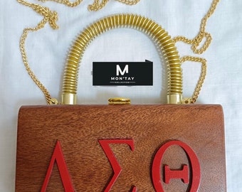 Delta Sigma Theta Sorority, Inc  wood 3D handbag  with red letters  with Free pair of earrings  gifts,  graduation, Mother’s Day,1913