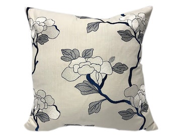 Asian Floral Embroidery Pillow Cover - Blue Navy White Porcelain Flowers - Oriental Flowers Blooms Pillow - Fabricut Fabric - Spring Pillow