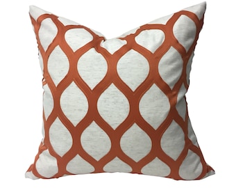 Orange and Ivory Pillow Cover in Geometric Embroidered Diamond - Rust Orange Burnt Orange Tangerine Texture Pillow Cover - Jacyln Smith Home