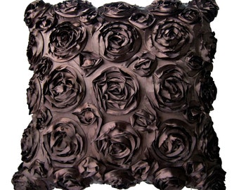 Textured  Rose Fabric Square or Rectangular Pillow Cover - Chocolate, Brown Decorative Pillow - Designer Fabric - Girl's Bedroom Pillow