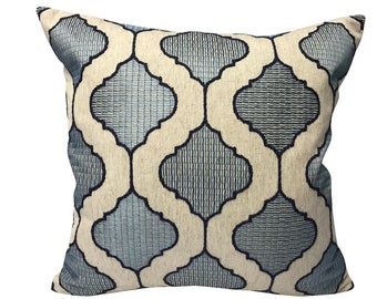 Modern Embroidered Pillow Cover in Blues -Farmhouse Pillows - Textured Pillows - Designer Pillow Cover - Geometric Pillow Cover - Linen