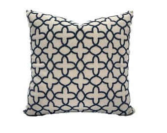 Blue and Ivory Geometric Pillow Cover - Embroidery, Contempary, Modern Pillow Cover - Designer Fabric - Stout Fabric - Pillows -Breckenridge