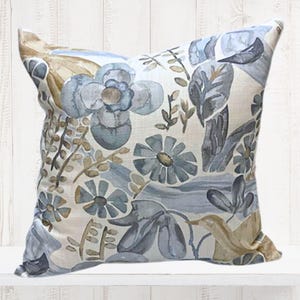 Slate Blue Gray Brown Floral Pillow Cover - Kravet Barbara Barry Home - Flowers, Birds, Watercolor - Designer Pillow Cover - Abstract Print