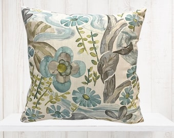Shades of Teal and Green Floral Pillow Cover - Kravet Barbara Barry Home -  Teal, Turquoise Floral - Watercolor - Designer Pillow Cover
