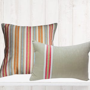 Set of Two Custom Design Pillow Covers, Pink, Orange, Blue, and Tan Colored Texture Stripe Kravet 33150 716