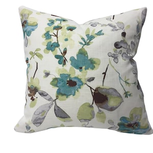 Aqua, Teal, Tea Green, & Grey Watercolor Flowers Decorative Pillow Cover - Vern Yip Fabric - Asian Floral Pattern Pillow - Farmhouse Deco