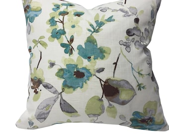 Aqua, Teal, Tea Green, & Grey Watercolor Flowers Decorative Pillow Cover - Vern Yip Fabric - Asian Floral Pattern Pillow - Farmhouse Deco