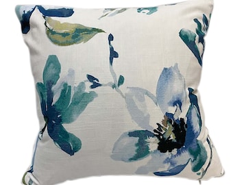 Watercolor Flowers  in Shades of Indigo, Blue, Navy, Purple, Teal, Aqua Decorative Pillow Cover - Floral Pillow Cover - Spring Pillow