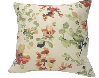 Green, Orange, and Yellow Watercolor Flowers Decorative Pillow Cover - Vern Yip Fabric- Designer Pillow- Orange  Floral - Farmhouse Deco