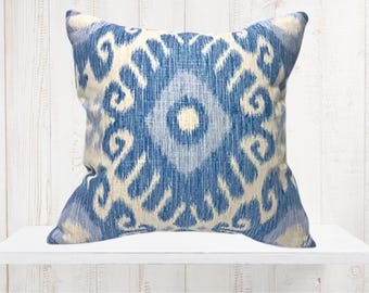 Shades of Blue, Denim and Ivory Ikat Decorative Pillow Cover from Jaclyn Smith Home Collection - Trend 02606 Fabric - Flamestitch Pillows