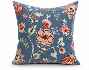 Funda de almohada floral azul - Cojín decorativo botánico rojo, azul y verde - Cojín decorativo de diseño colorido - Cojín decorativo de estilo campestre inglés