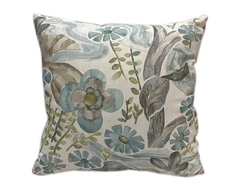 Shades of Teal and Green Floral Pillow Cover - Kravet Barbara Barry Home -  Teal, Turquoise Floral - Watercolor - Designer Pillow Cover