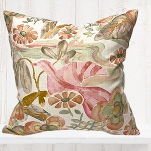 Shades of Corals, Greens and Pinks Floral Pillow Cover - Kravet Barbara Barry Home - Flowers, Birds, Watercolor - Designer Pillow Cover