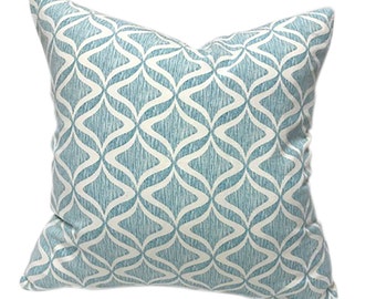 Aqua and White Geometric Print Pattern - Teal  Turquois Texture Pillow - Cotton Accent Pillow Cover - Modern Contemporary Ogee Pillows