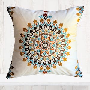 Blue, Red, Orange, Brown, White Embroidered Medallion Custom Pillow Cover - Kravet 30183 Pillow - Designer Fabric - Rust Brown Embroidery