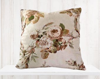 Floral Chintz Pillow Cover - Farmhouse Deco Pillow Cover - Brown and Green Flowers - Victorian Decor - Ivory with Flowers - Bedroom Pillow