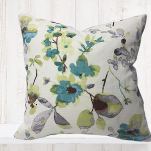 Aqua, Teal, Tea Green, & Grey Watercolor Flowers Decorative Pillow Cover - Vern Yip Fabric - Asian Floral Pattern Pillow - Farmhouse Deco