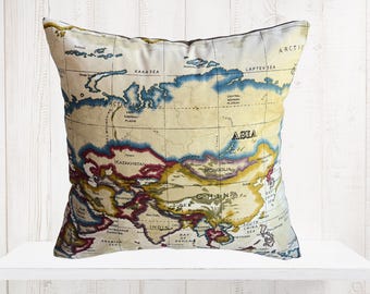 INVENTORY CLEARANCE-   Decorative Old-Fashioned World Atlas Map Pillow Cover in Ivory and Brown - Map Pillow - Vintage Pillow - Cottagecore