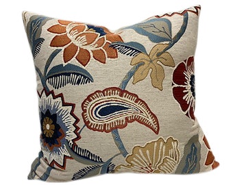 Large Floral and Leaf Print Pillow Cover -Red Orange Blue Navy Gold Print - Multi-color Floral Motif Pillow Cover - 20x20 Pillow Cover