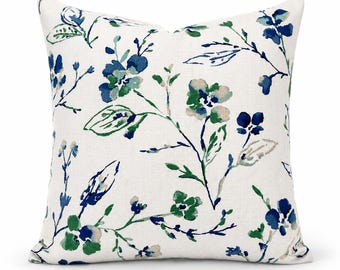 Blue and Green Floral Pillow Cover - Watercolor Botanical Throw Pillow - Blue Floral Cushion Cover -  Coastal Decor - Boho Home Decor