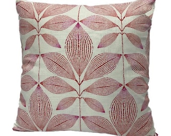 Bright Pink Red Leaf Pillow Cover - Trend 05130 Coral Fabric- Fern Pattern - Designer Pillow - Novelty Print Pillow Cover - Herbal Motif