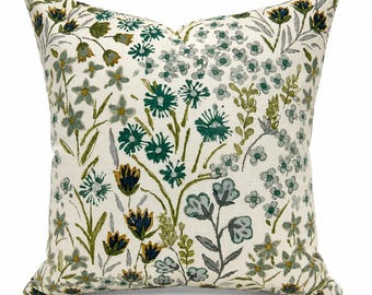 Botanical Floral Pillow Cover - Wildflower Pillow Cover - Green Blue Ditsy Flower Cushion - Cottage Garden Throw Pillow - Designer Pillow