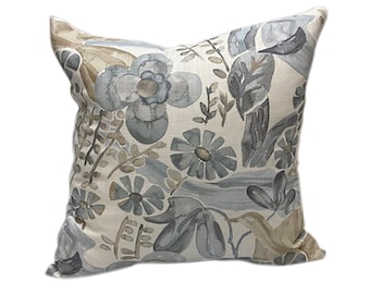 Slate Blue Gray Brown Floral Pillow Cover - Kravet Barbara Barry Home - Flowers, Birds, Watercolor - Designer Pillow Cover - Abstract Print