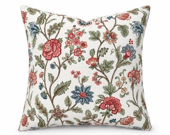 Bloemenkussenhoes - Botanisch sierkussen in rood, blauw en groen - Traditioneel landelijk sierkussen - Engelse landelijke decoratie - Handgemaakt kussen