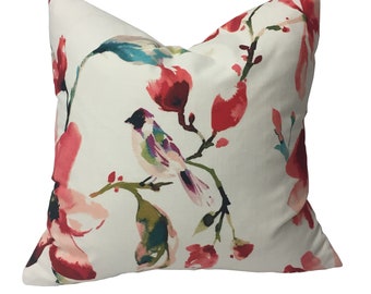 Watercolor Flowers & Bird in Shades of Red, Pink, Coral, Green, Teal Decorative Pillow Cover - Multi-color Floral Motif Pillow Cover